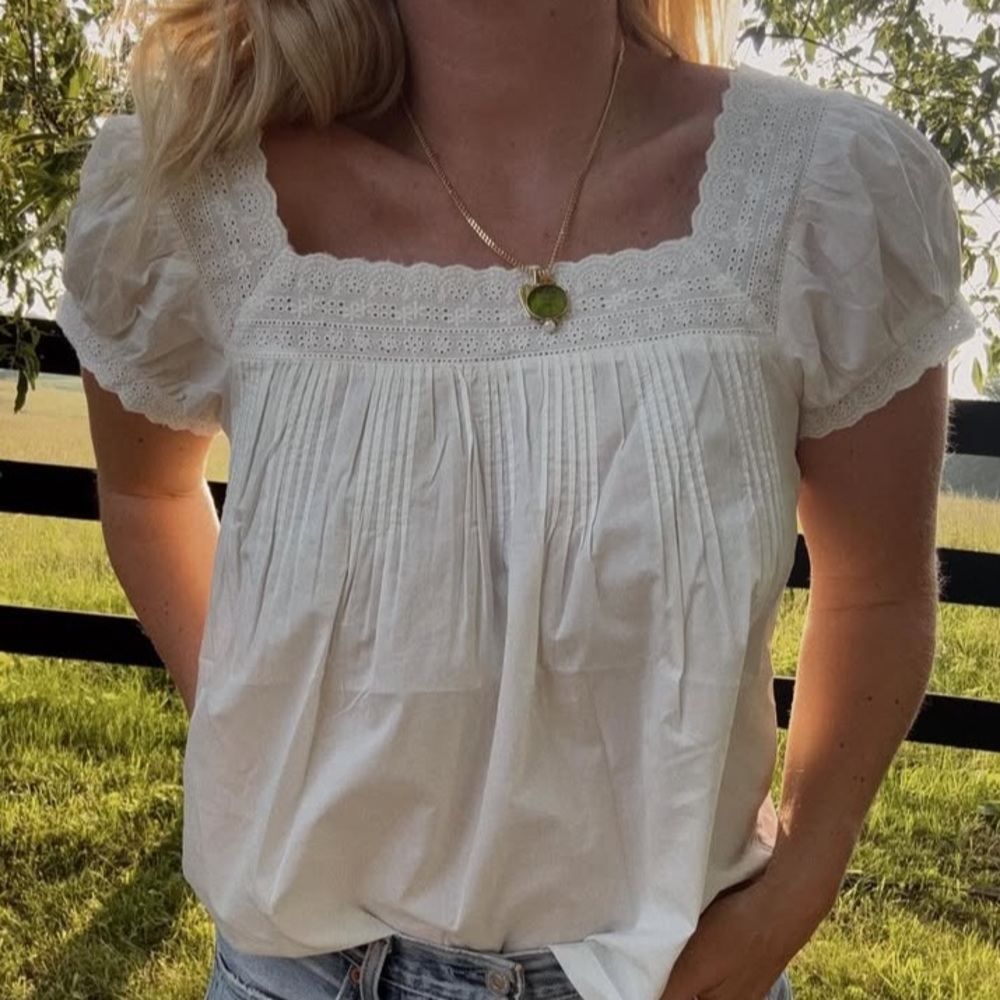 NWT Doen Francia Cotton Poplin Eyelet Pintuck Puff Sleeve Blouse Top Salt White - Picture 6 of 13